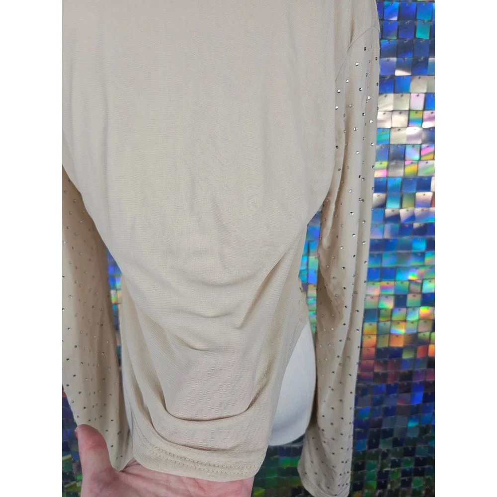 Almost Famous Rhinestone Mesh Top Womens XL Beige Excellent Long‎ Sleeve Sparkle